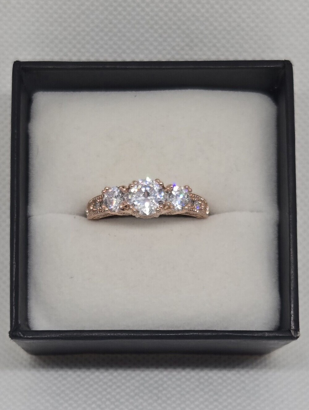 Rose Gold Tone Three Stone CZ Ring Milgrain Band Size 10